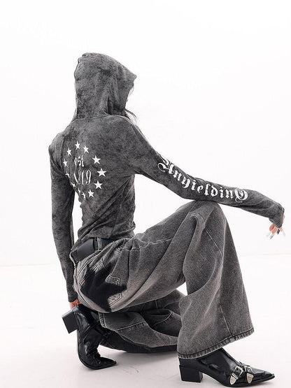 QIUQIU STUDIO Hooded Letter Print Slim Fit Cinched Waist Women&