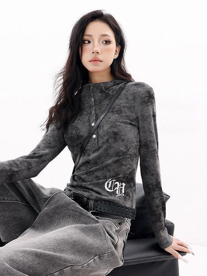 QIUQIU STUDIO Hooded Letter Print Slim Fit Cinched Waist Women&