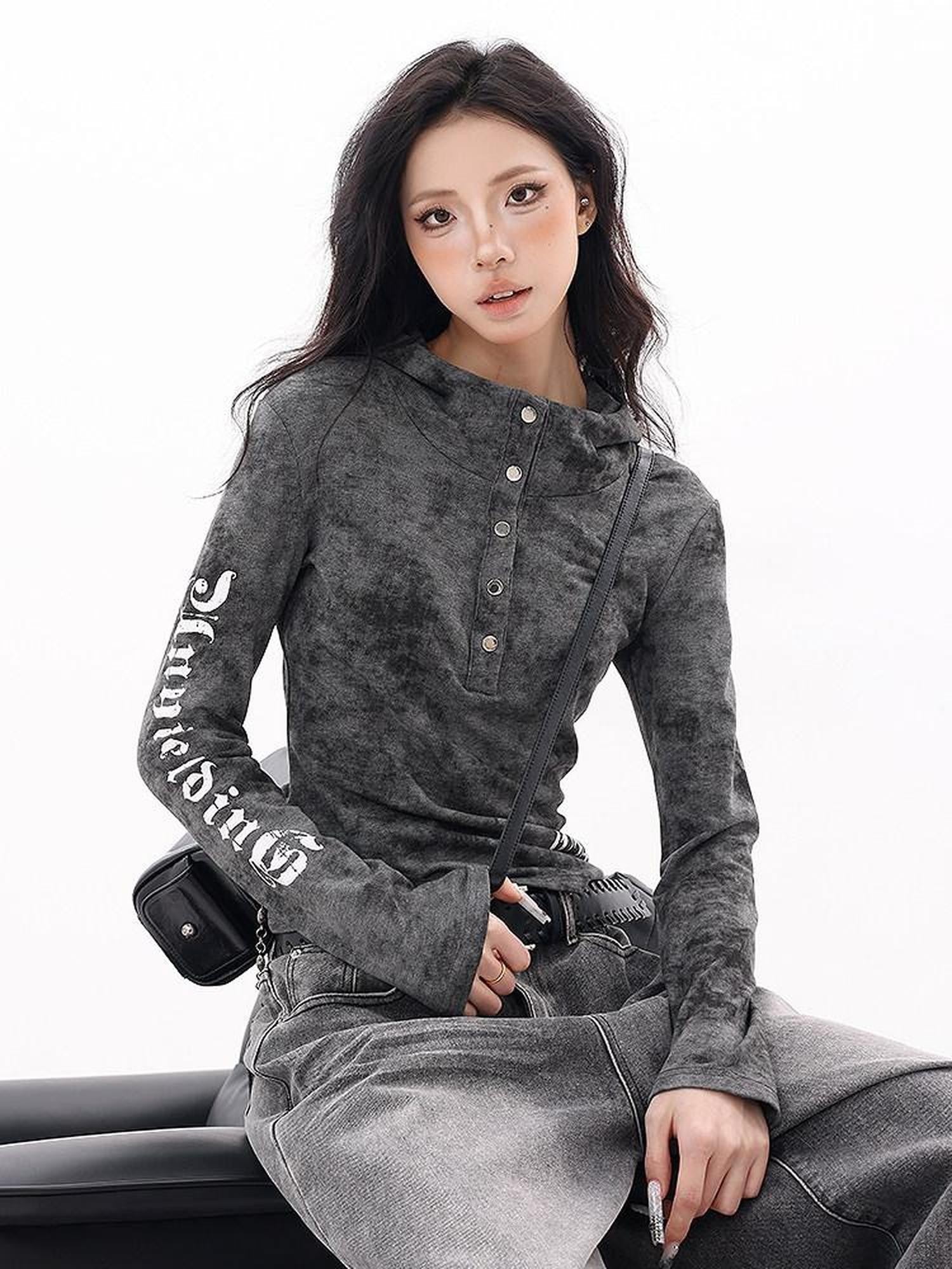 QIUQIU STUDIO Hooded Letter Print Slim Fit Cinched Waist Women&