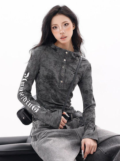 QIUQIU STUDIO Hooded Letter Print Slim Fit Cinched Waist Women&
