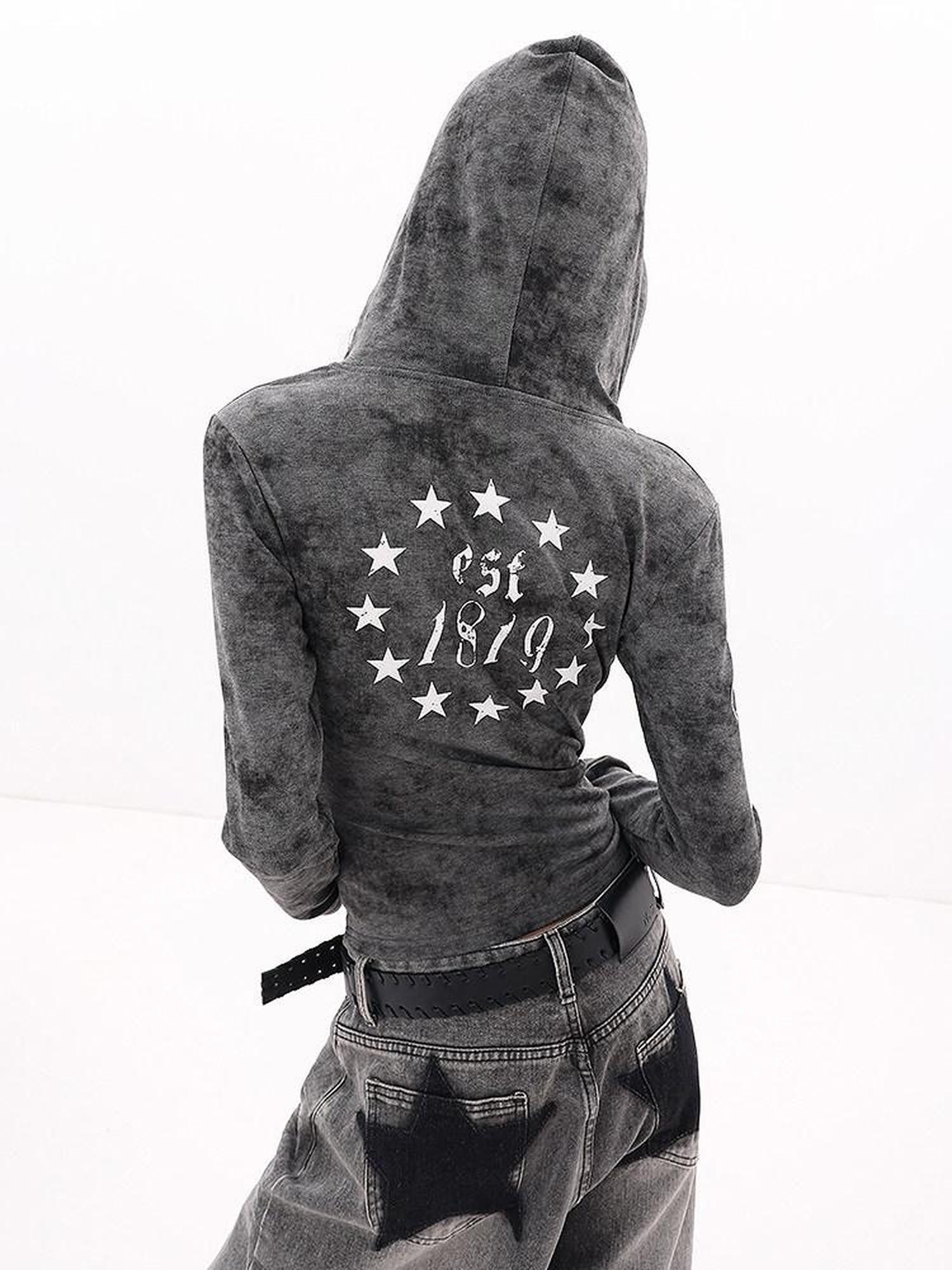 QIUQIU STUDIO Hooded Letter Print Slim Fit Cinched Waist Women&