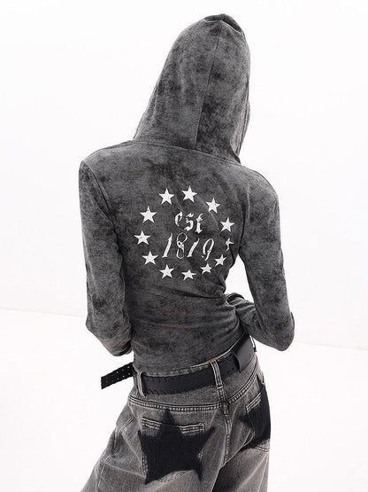 QIUQIU STUDIO Hooded Letter Print Slim Fit Cinched Waist Women&