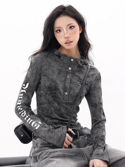 QIUQIU STUDIO Hooded Letter Print Slim Fit Cinched Waist Women&