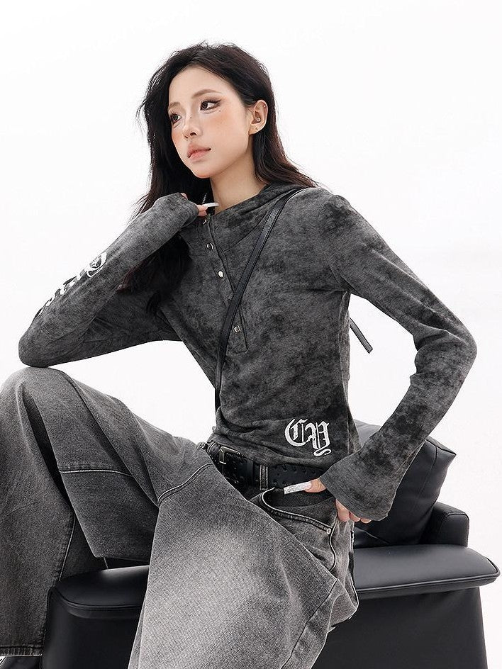 QIUQIU STUDIO Hooded Letter Print Slim Fit Cinched Waist Women&