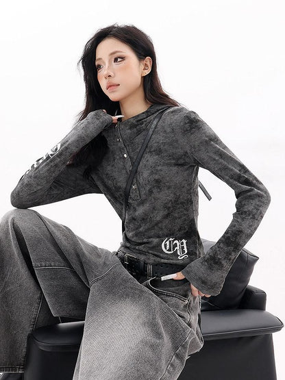 QIUQIU STUDIO Hooded Letter Print Slim Fit Cinched Waist Women&