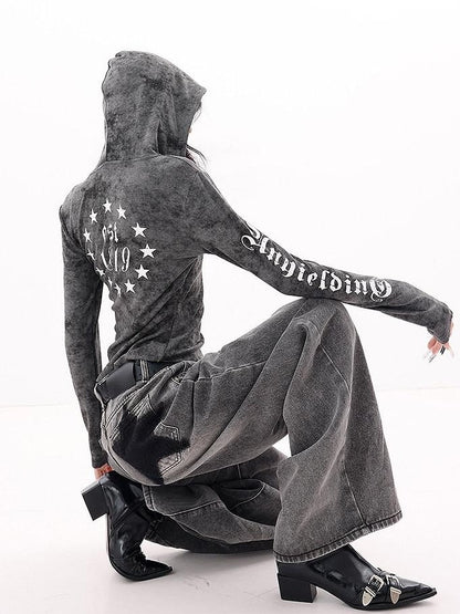QIUQIU STUDIO Hooded Letter Print Slim Fit Cinched Waist Women&