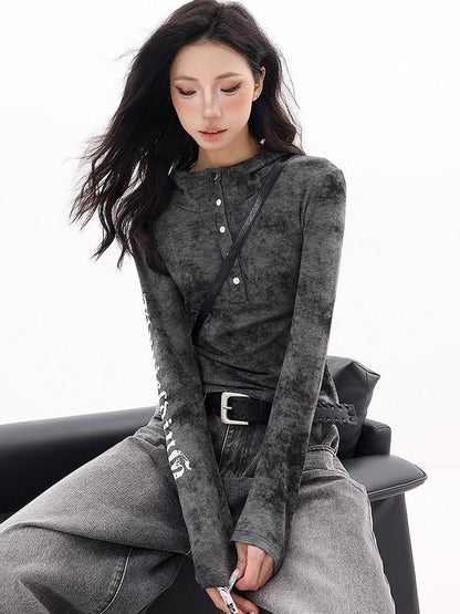 QIUQIU STUDIO Hooded Letter Print Slim Fit Cinched Waist Women&