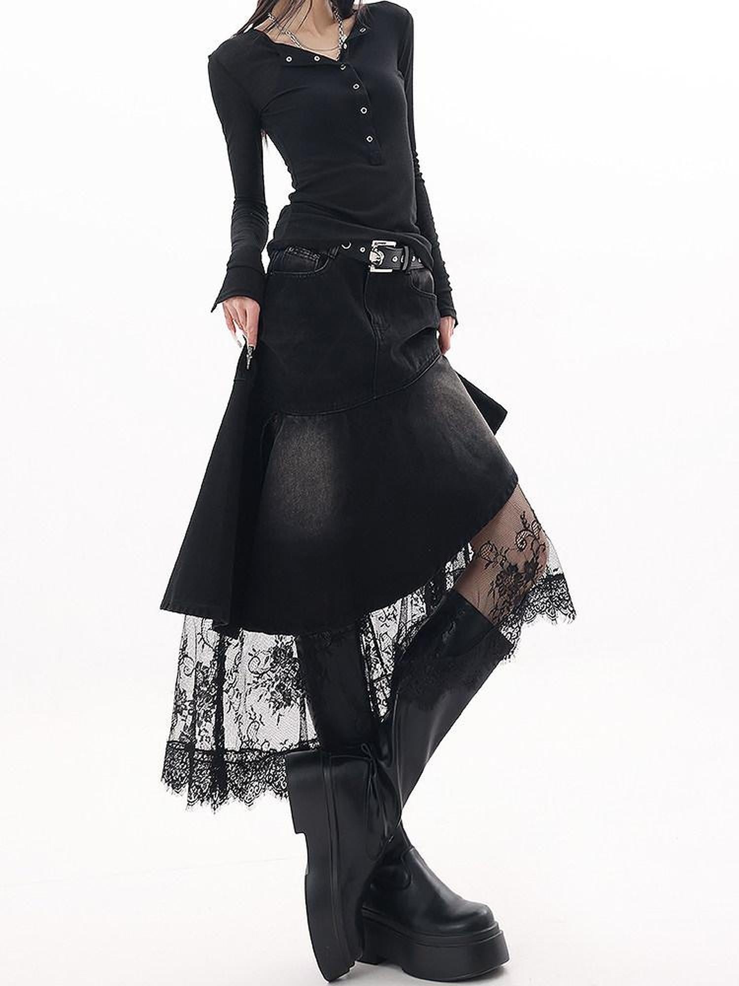 QIUQIU STUDIO Irregular Lace Splice A Line Women&