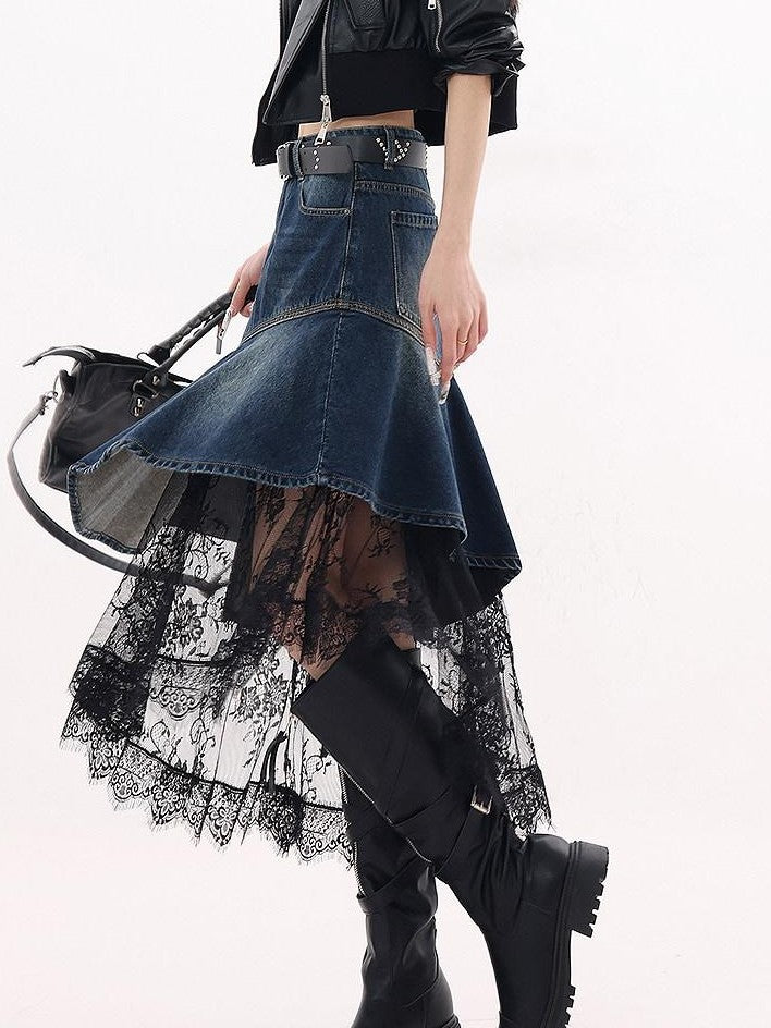 QIUQIU STUDIO Irregular Lace Splice A Line Women&
