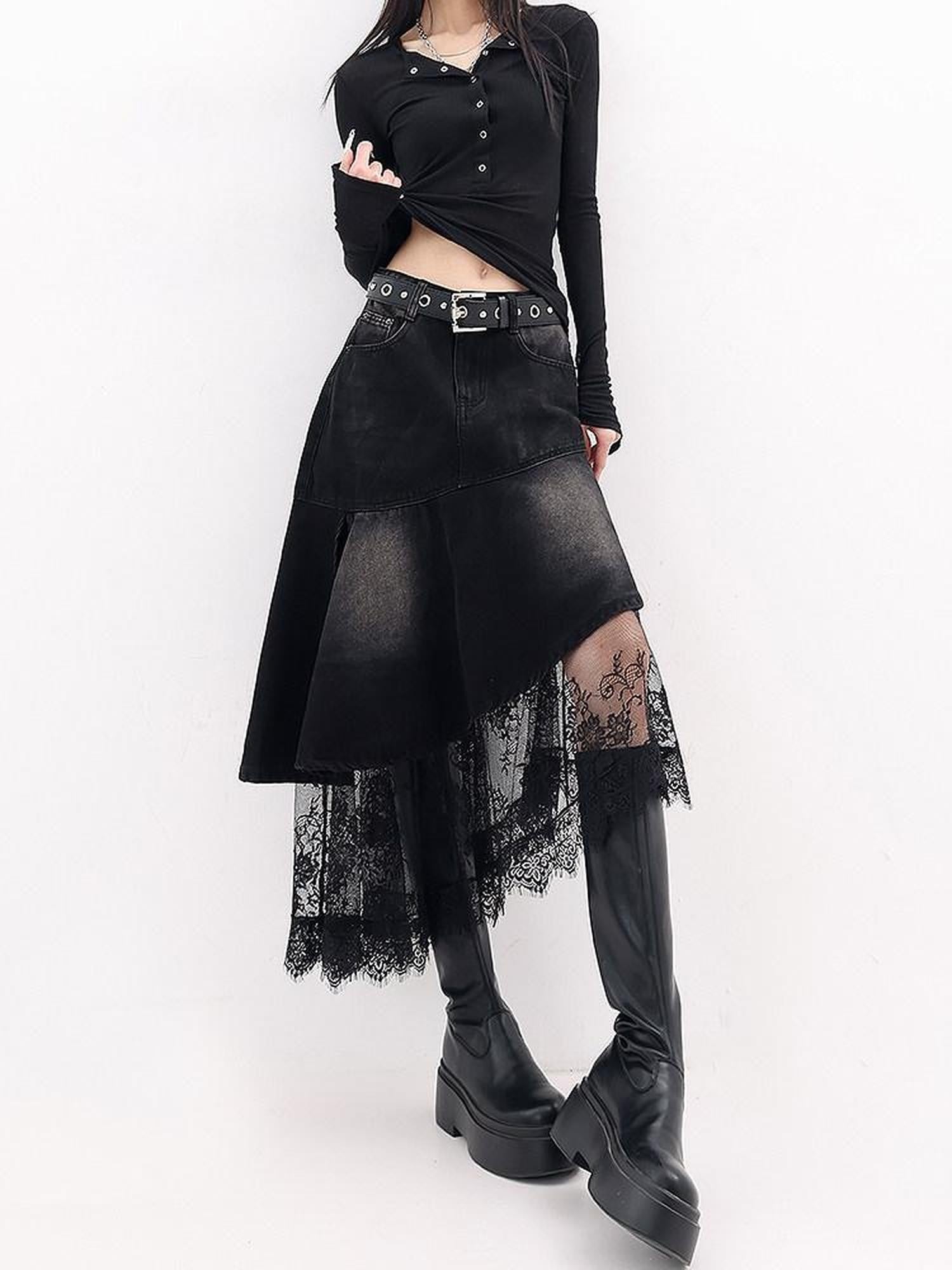 QIUQIU STUDIO Irregular Lace Splice A Line Women&