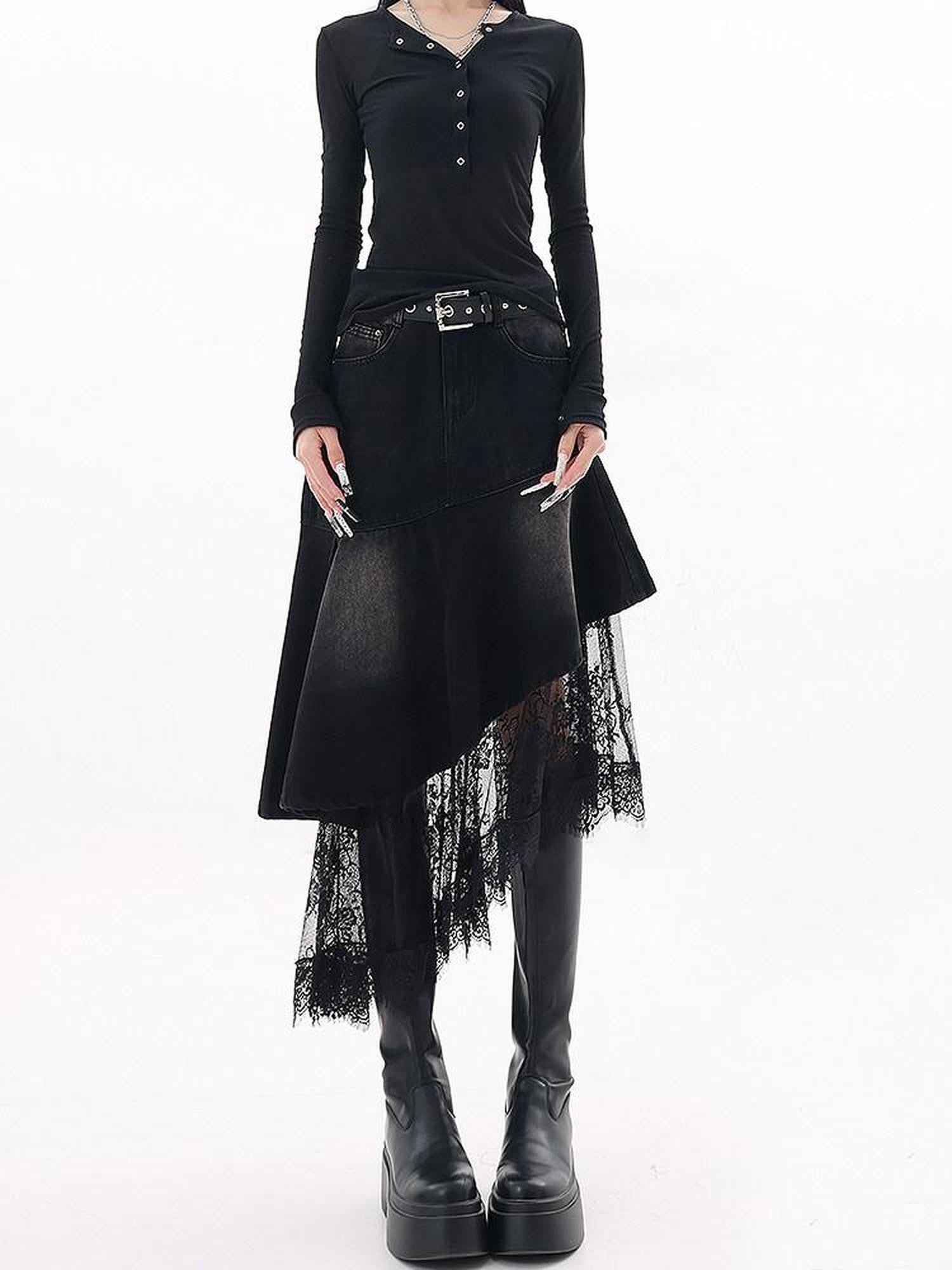 QIUQIU STUDIO Irregular Lace Splice A Line Women&