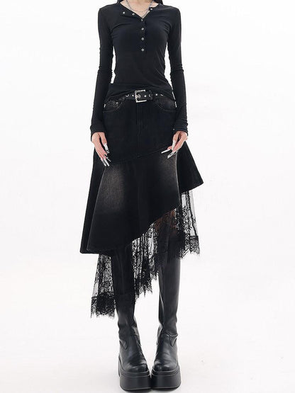 QIUQIU STUDIO Irregular Lace Splice A Line Women&
