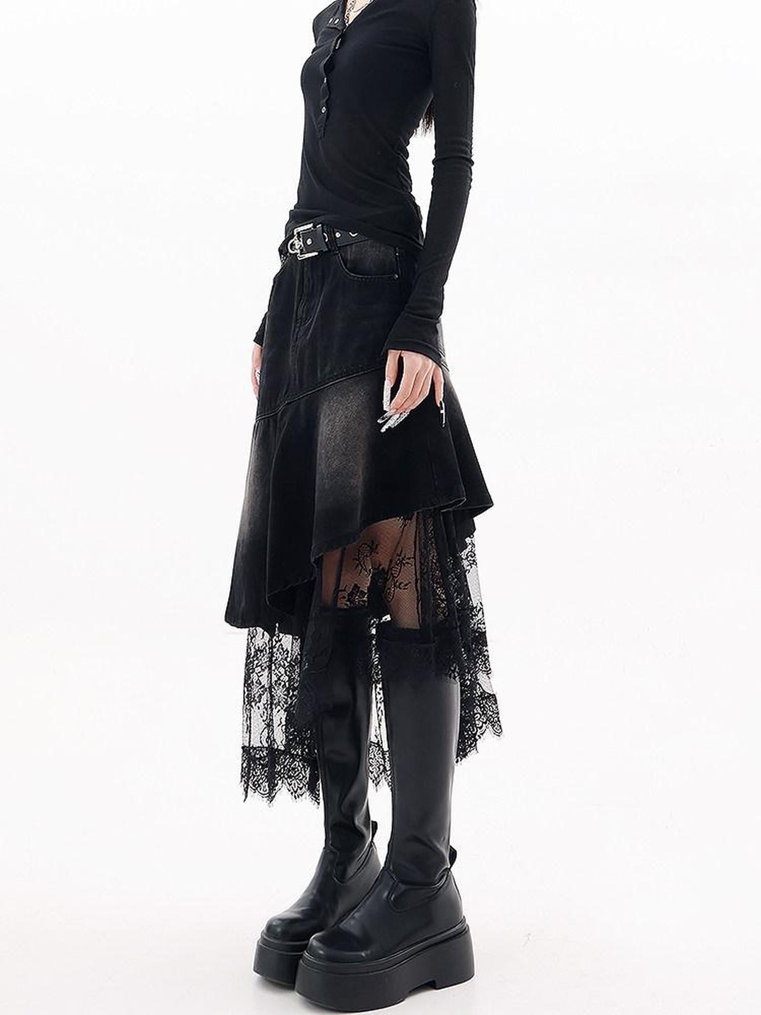 QIUQIU STUDIO Irregular Lace Splice A Line Women&