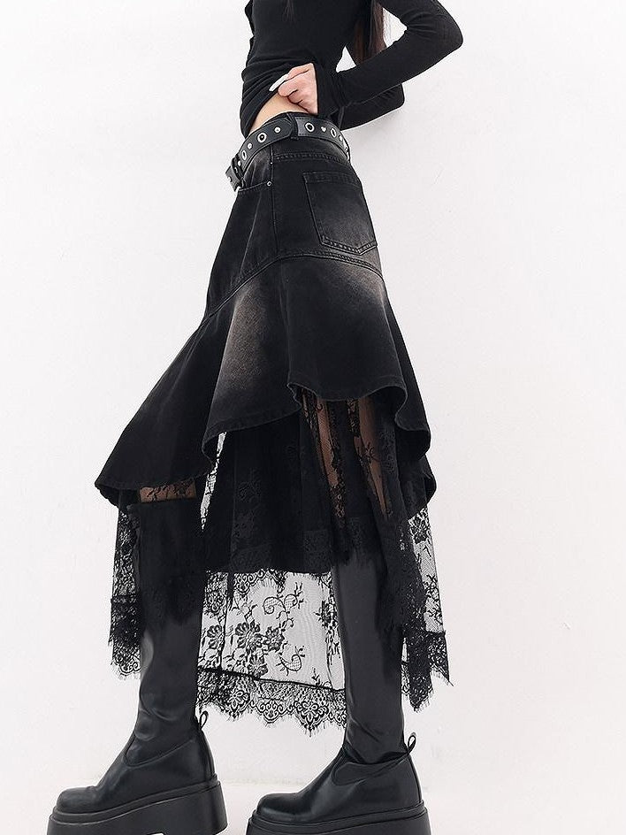 QIUQIU STUDIO Irregular Lace Splice A Line Women&