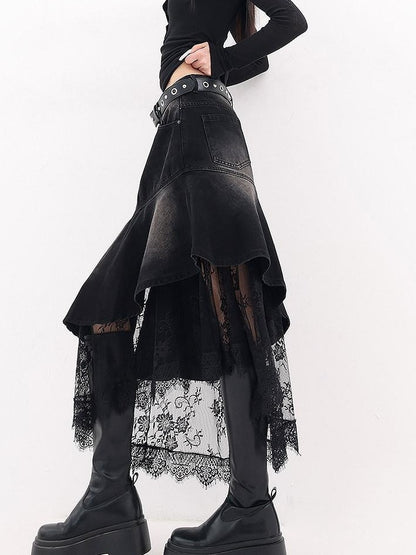 QIUQIU STUDIO Irregular Lace Splice A Line Women&