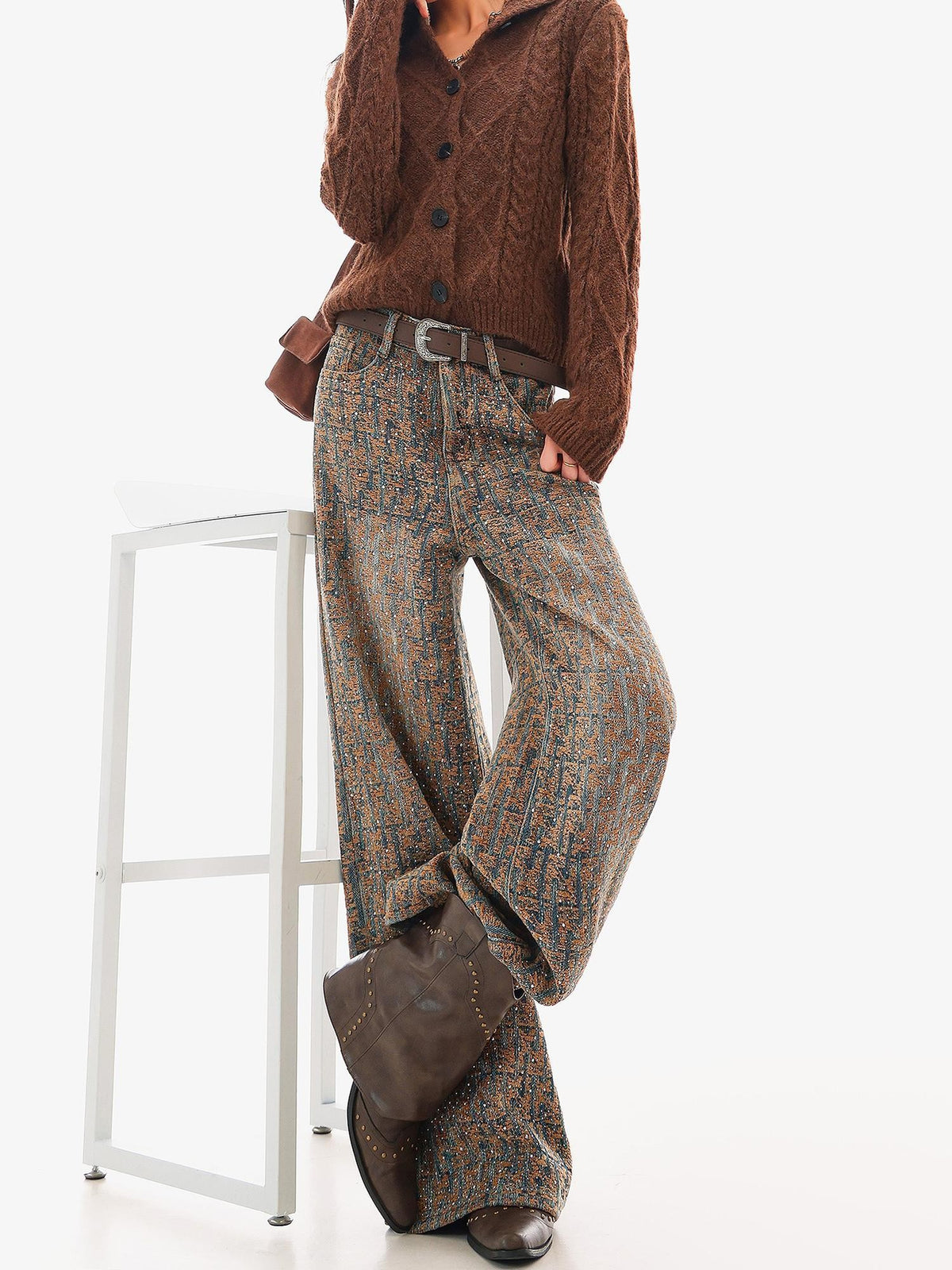 QIUQIU STUDIO Jacquard Rhinestone Natural Waist Women&