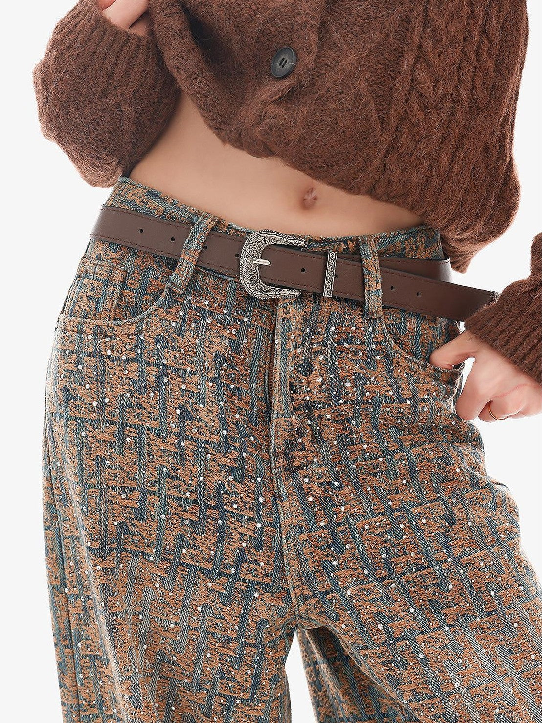 QIUQIU STUDIO Jacquard Rhinestone Natural Waist Women&