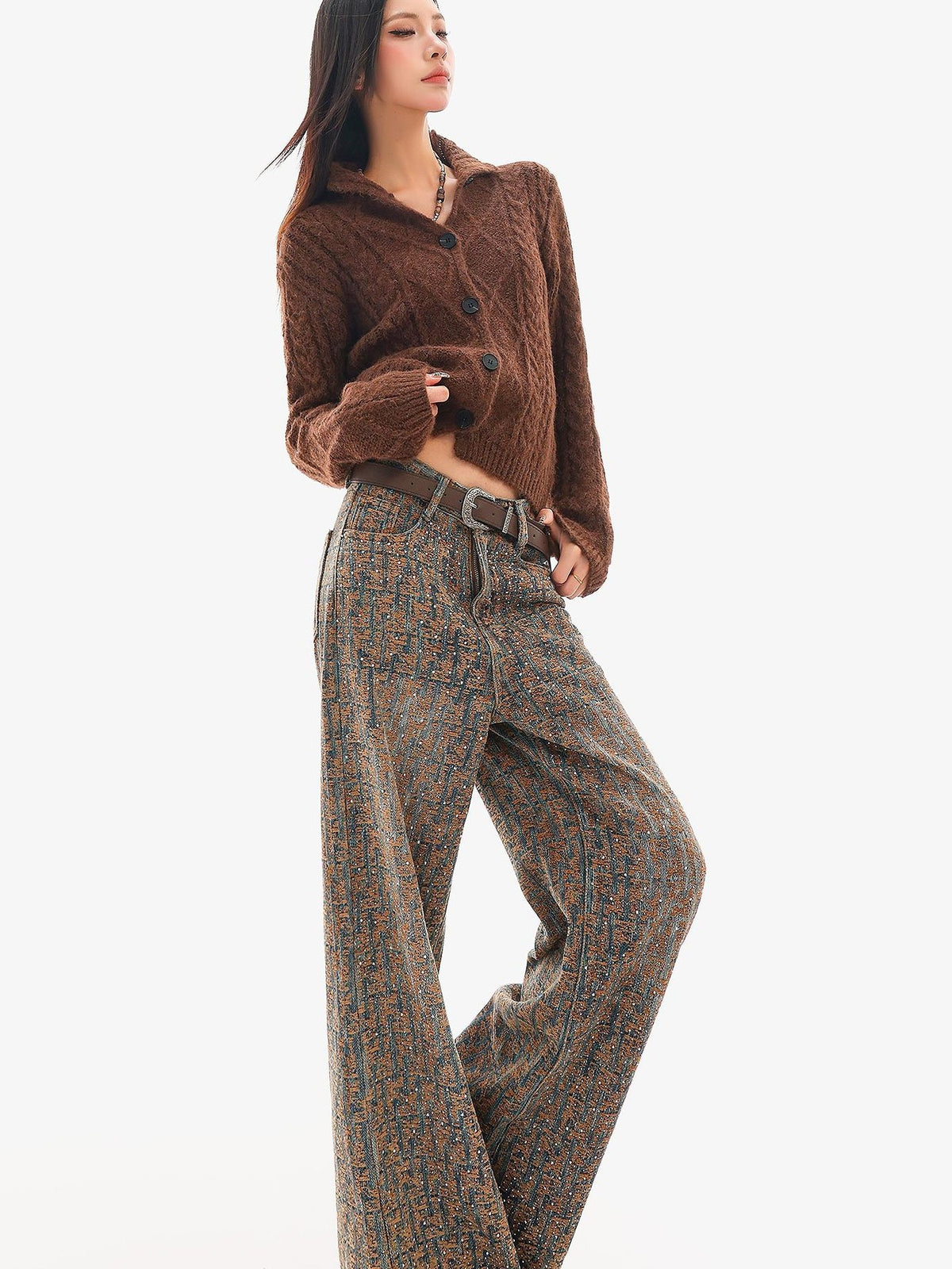 QIUQIU STUDIO Jacquard Rhinestone Natural Waist Women&