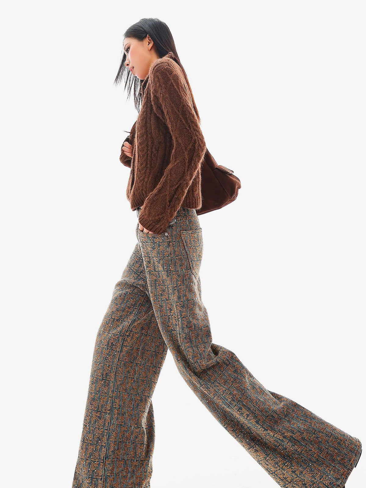 QIUQIU STUDIO Jacquard Rhinestone Natural Waist Women&