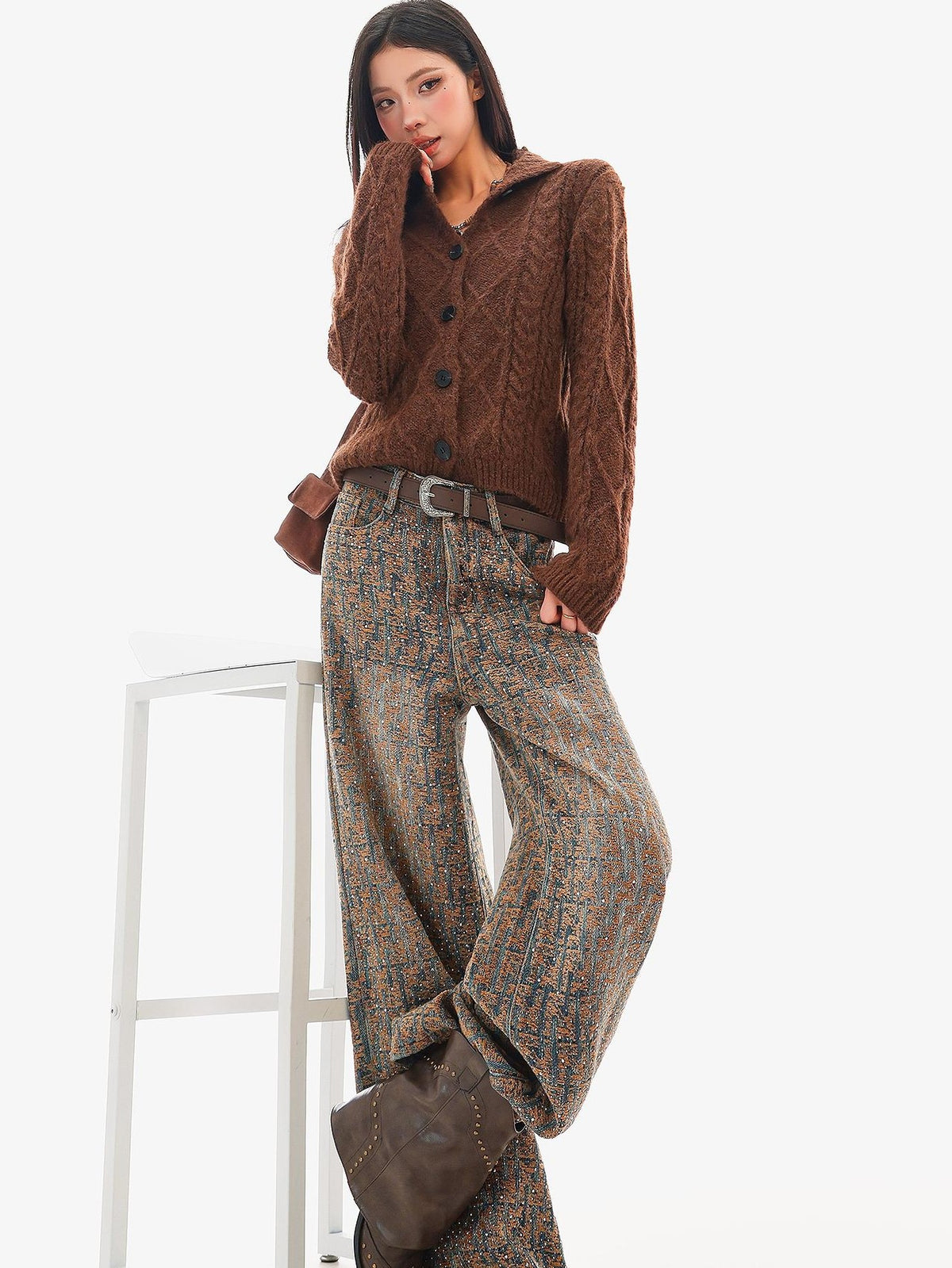 QIUQIU STUDIO Jacquard Rhinestone Natural Waist Women&