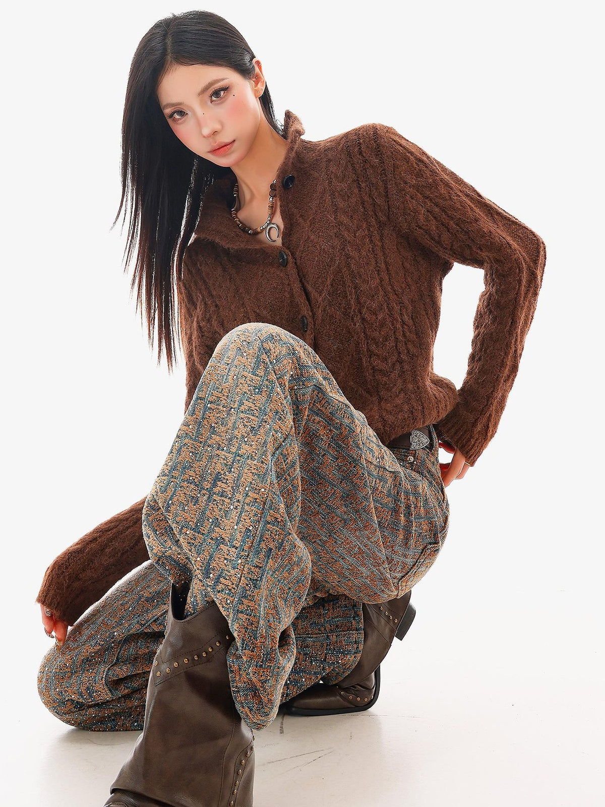 QIUQIU STUDIO Jacquard Rhinestone Natural Waist Women&