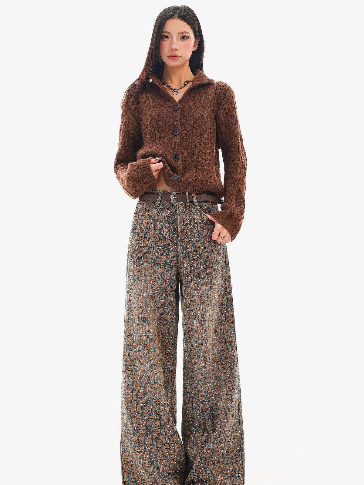 QIUQIU STUDIO Jacquard Rhinestone Natural Waist Women&