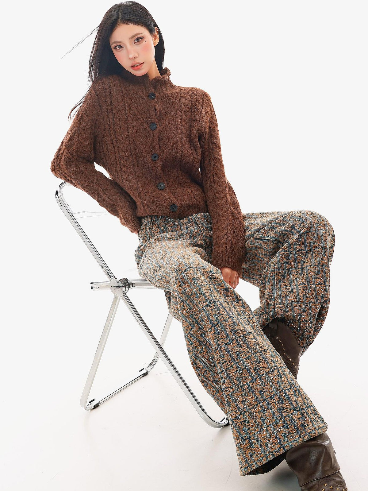 QIUQIU STUDIO Jacquard Rhinestone Natural Waist Women&