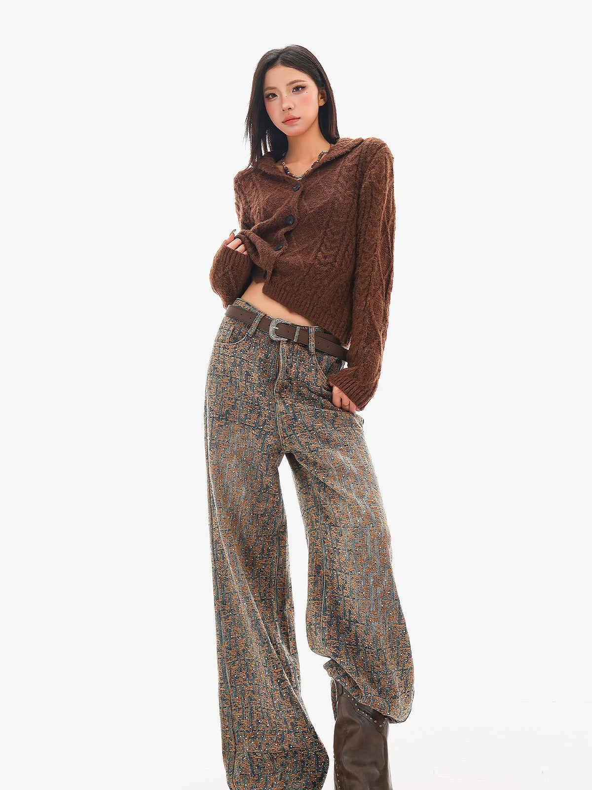 QIUQIU STUDIO Jacquard Rhinestone Natural Waist Women&