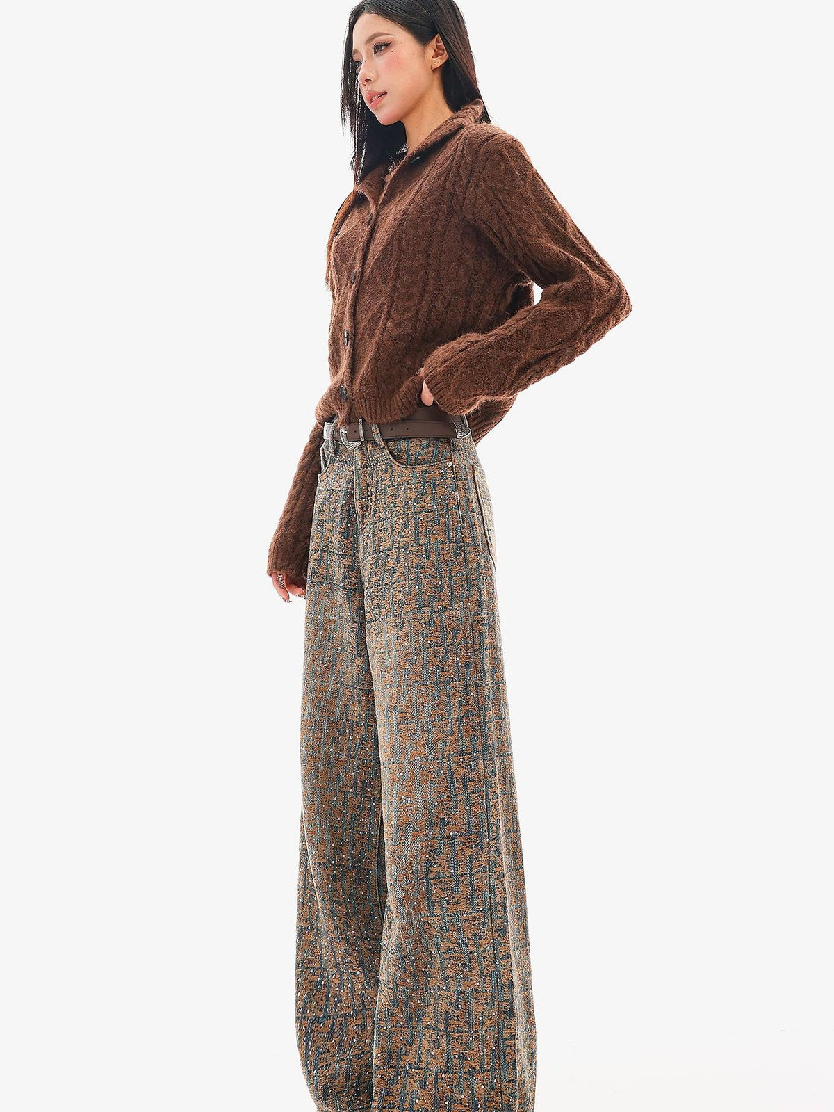 QIUQIU STUDIO Jacquard Rhinestone Natural Waist Women&