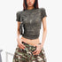 QIUQIU_STUDIO_Khaki_Green_Camouflage_Print_Round_Neck_Cropped_Women&
