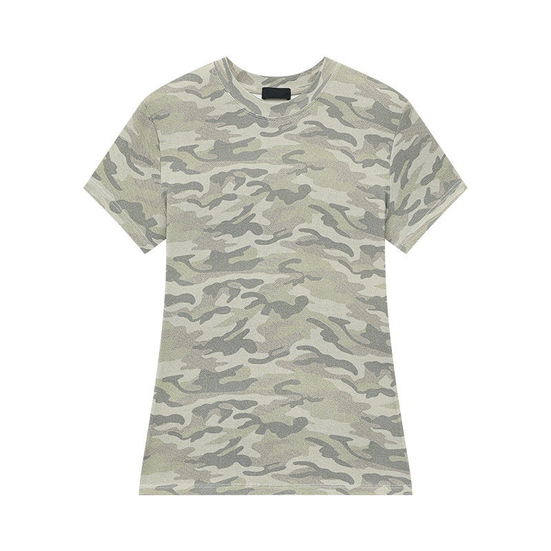 QIUQIU_STUDIO_Khaki_Green_Camouflage_Print_Round_Neck_Cropped_Women&