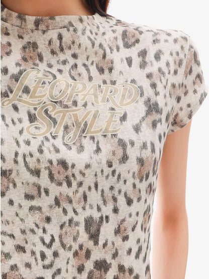 QIUQIU STUDIO Khaki Leopard Letter Print Crewneck Slim Short Sleeve Women&