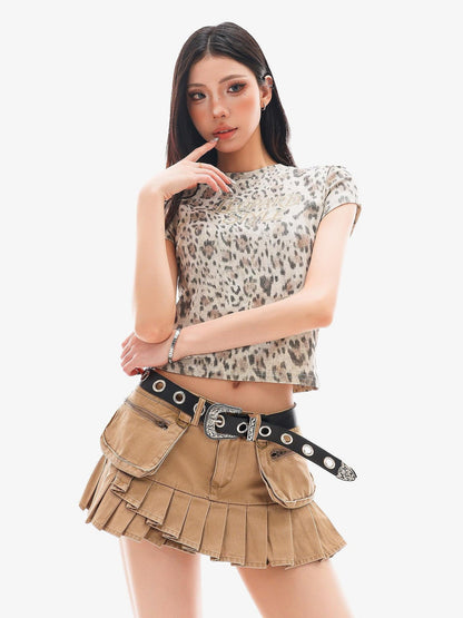 QIUQIU STUDIO Khaki Leopard Letter Print Crewneck Slim Short Sleeve Women&
