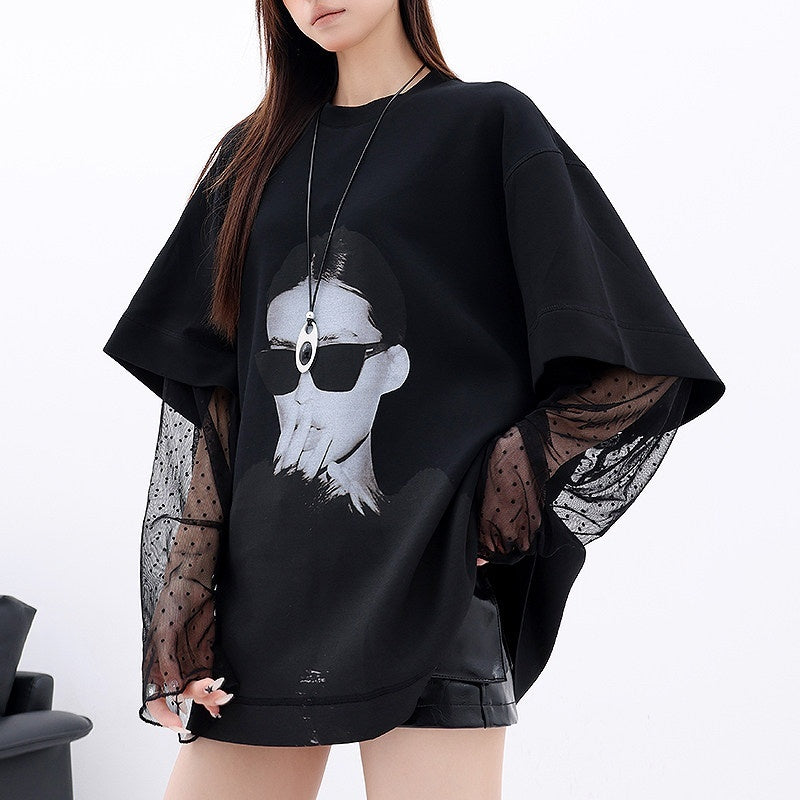 QIUQIU_STUDIO_Lace_Patchwork_Printed_Round_Neck_Long_Sleeve_Women&