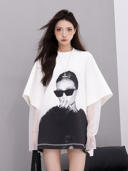 QIUQIU STUDIO Lace Patchwork Printed Round Neck Long Sleeve Women&