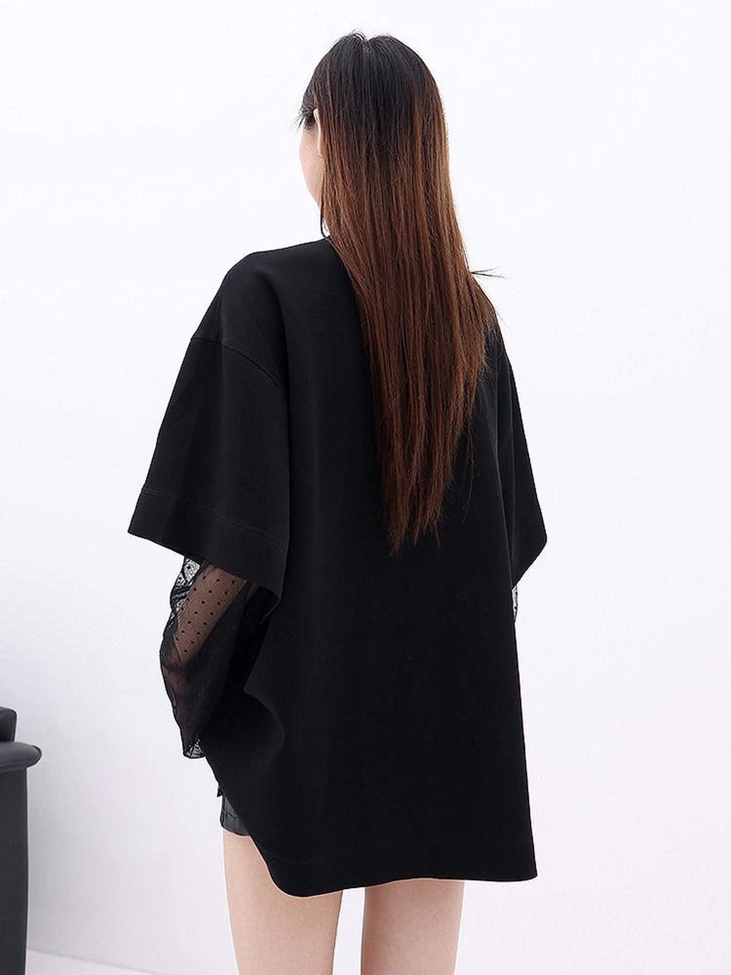 QIUQIU STUDIO Lace Patchwork Printed Round Neck Long Sleeve Women&