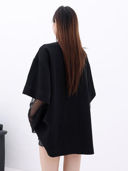 QIUQIU STUDIO Lace Patchwork Printed Round Neck Long Sleeve Women&