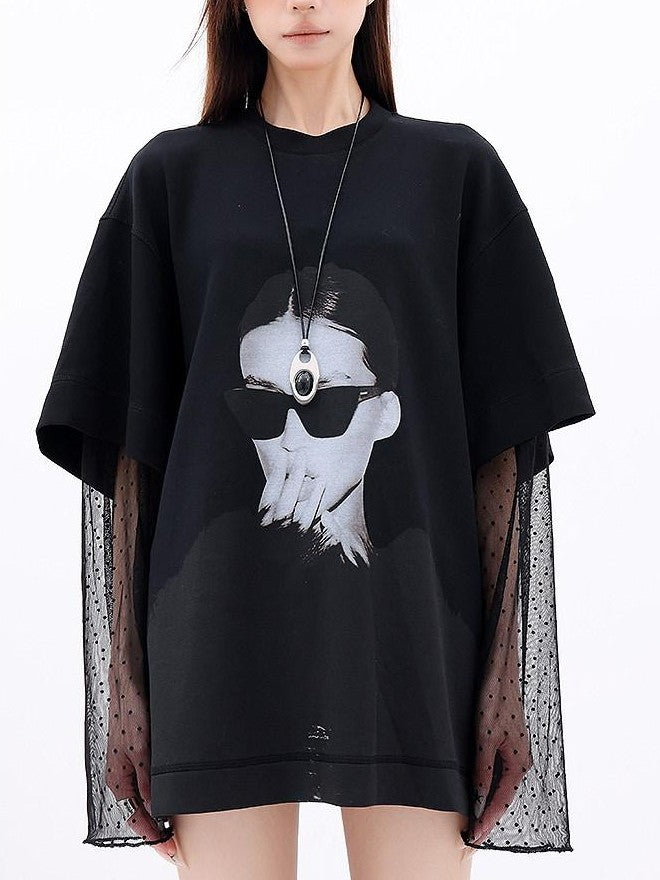QIUQIU STUDIO Lace Patchwork Printed Round Neck Long Sleeve Women&