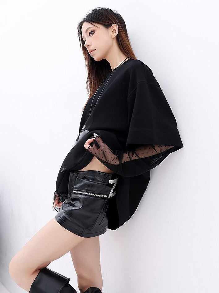QIUQIU STUDIO Lace Patchwork Printed Round Neck Long Sleeve Women&