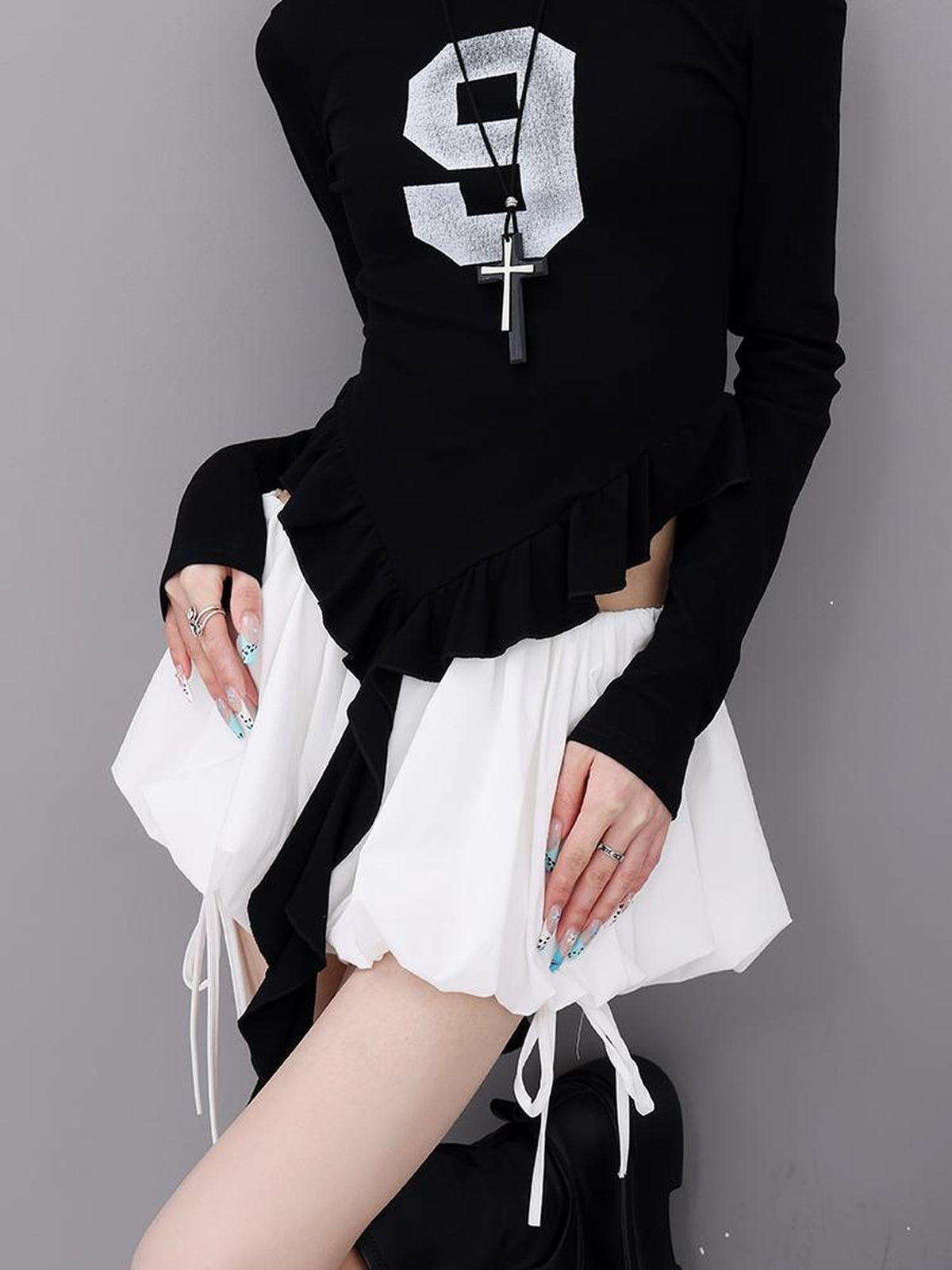 QIUQIU STUDIO Lace Spliced A Line Puff Solid Color Women&