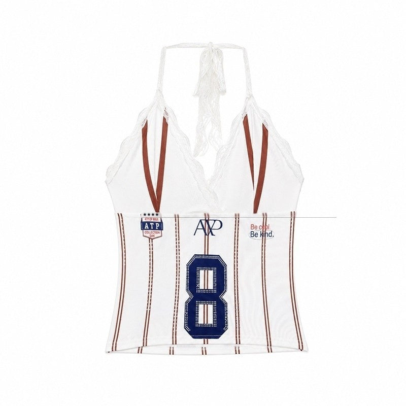QIUQIU_STUDIO_Lace_Trim_Contrast_Color_V-neck_Number_Print_Women&