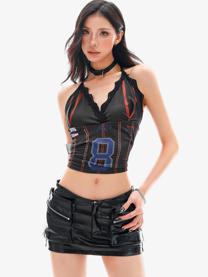 QIUQIU STUDIO Lace Trim Contrast Color V-neck Number Print Women&