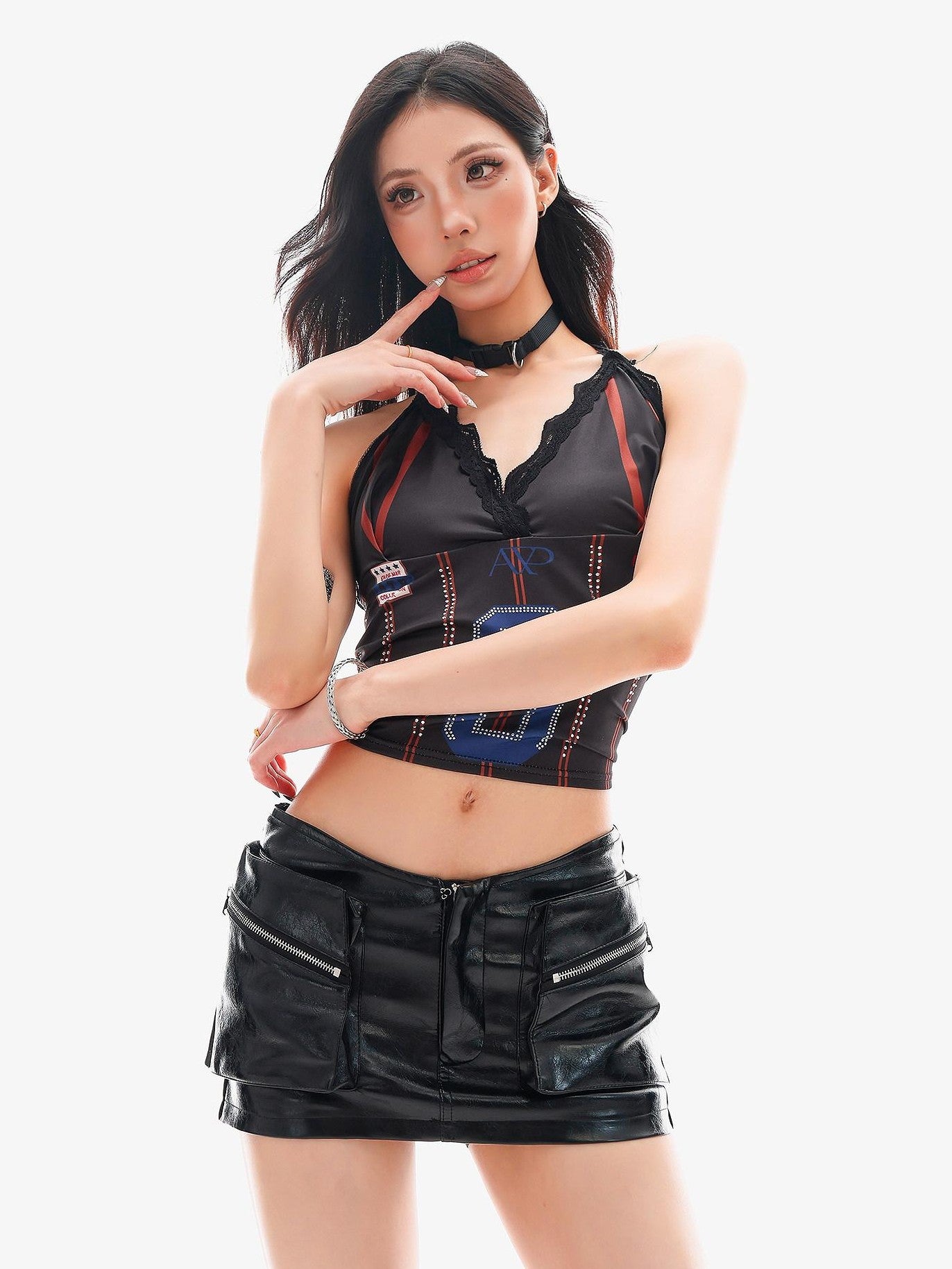 QIUQIU STUDIO Lace Trim Contrast Color V-neck Number Print Women&