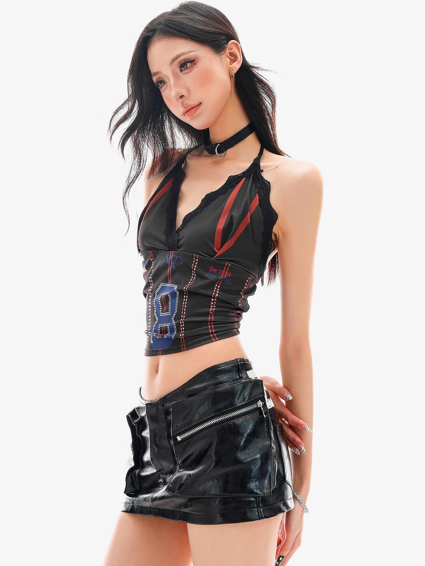 QIUQIU STUDIO Lace Trim Contrast Color V-neck Number Print Women&