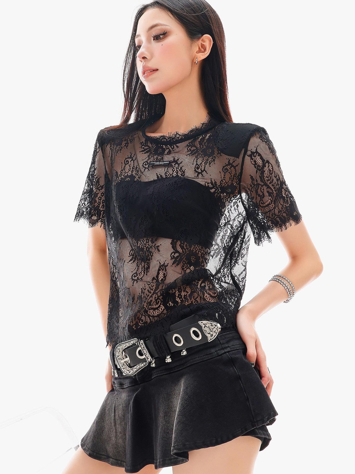 QIUQIU STUDIO Lace Trim Cutout Sheer Slim Fit Women&