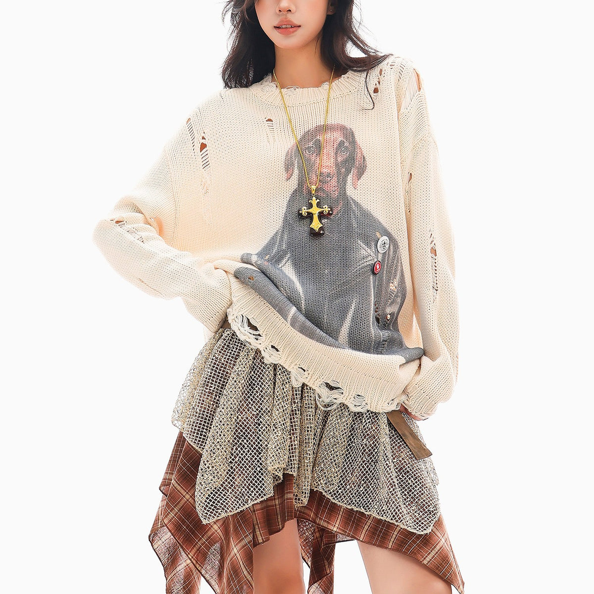 QIUQIU_STUDIO_Lazy_Dog_Print_Cutout_Fringe_Distressed_Women&