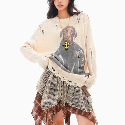 QIUQIU_STUDIO_Lazy_Dog_Print_Cutout_Fringe_Distressed_Women&