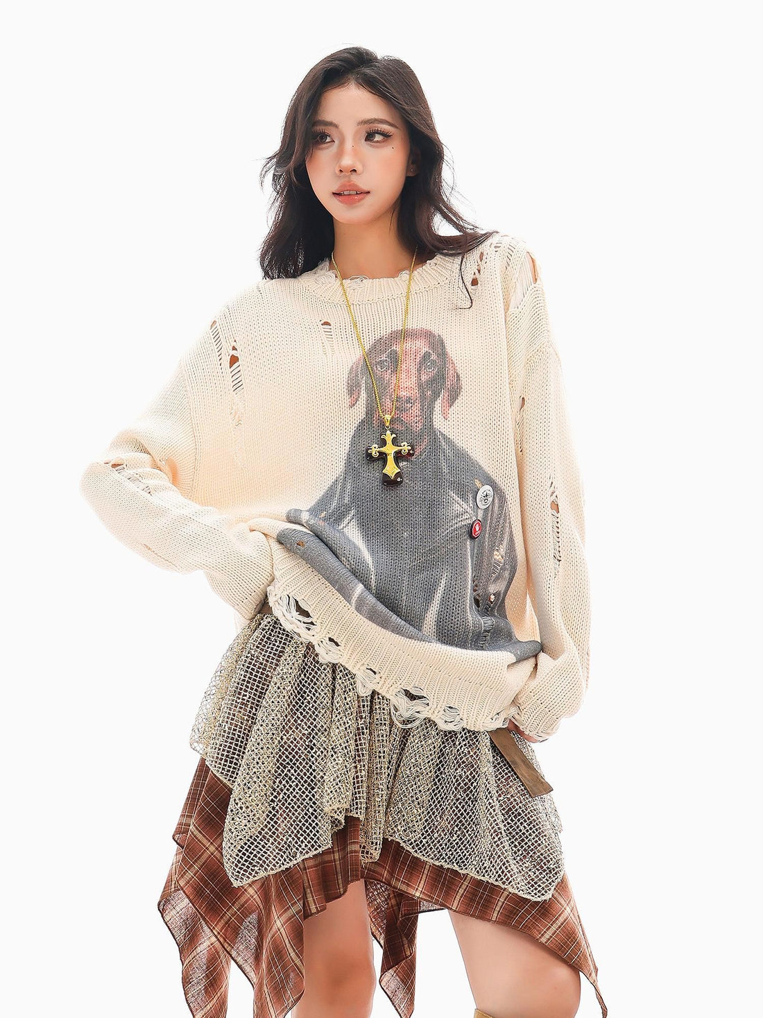 QIUQIU STUDIO Lazy Dog Print Cutout Fringe Distressed Women&