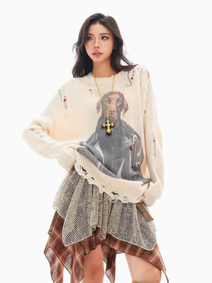QIUQIU STUDIO Lazy Dog Print Cutout Fringe Distressed Women&