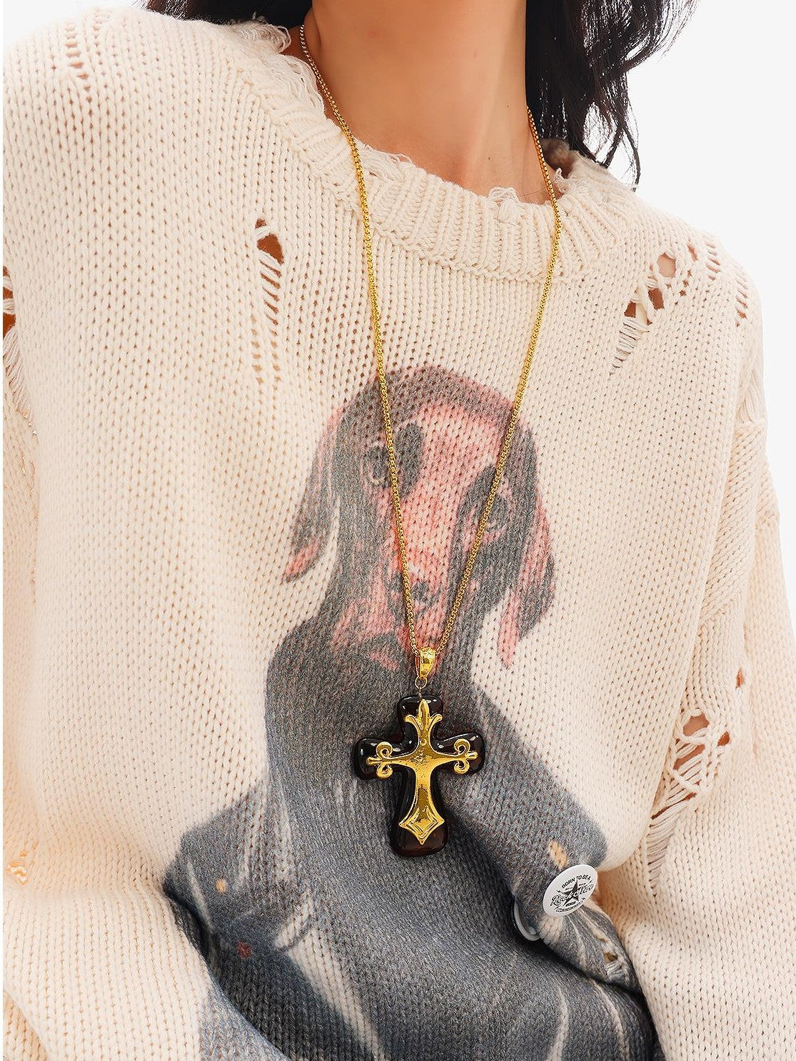 QIUQIU STUDIO Lazy Dog Print Cutout Fringe Distressed Women&
